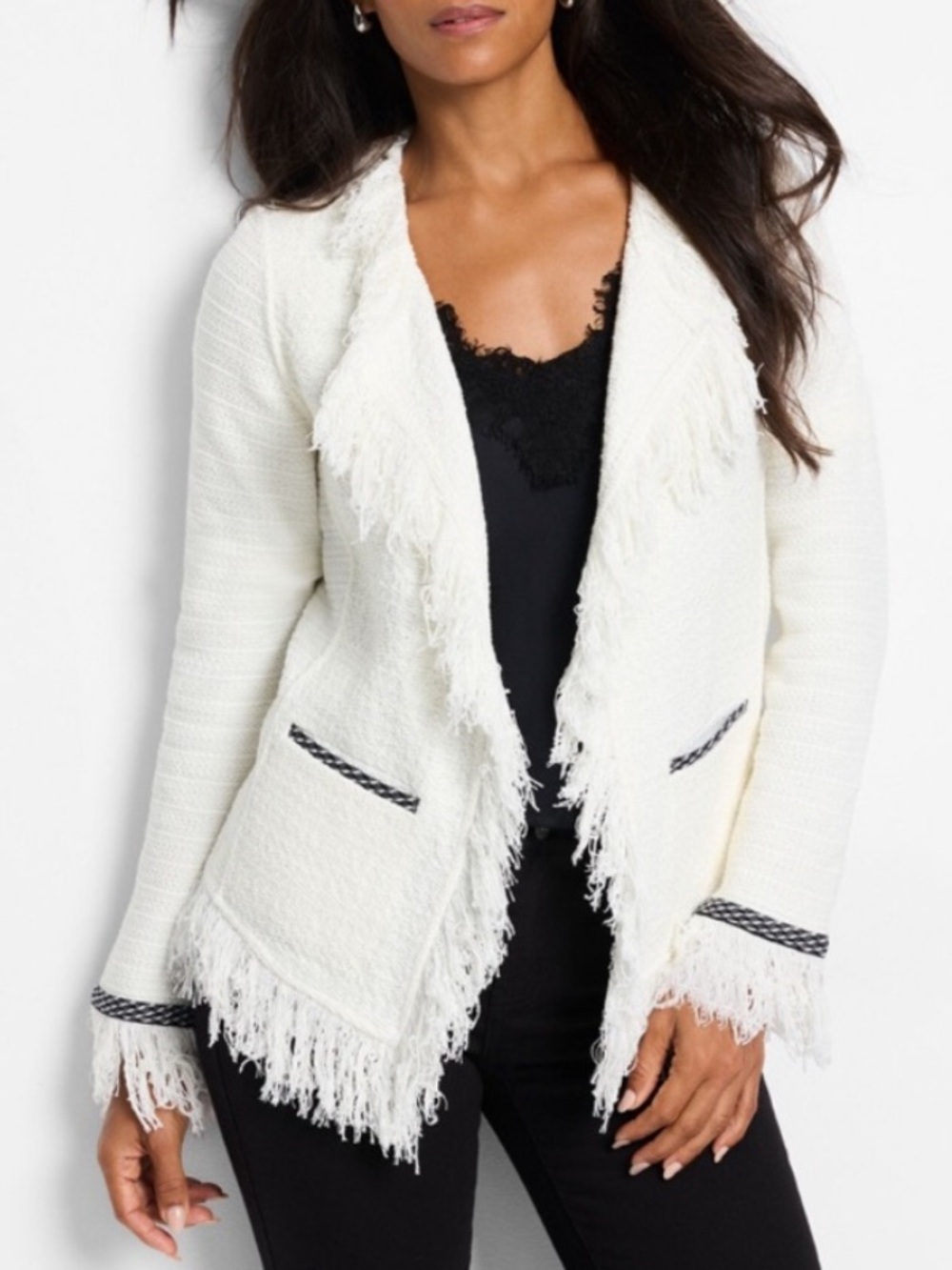 NEW Nic + Zoe Statement Fringe Mix Knit
Jacket Classic Cream Ivory White Blazer
